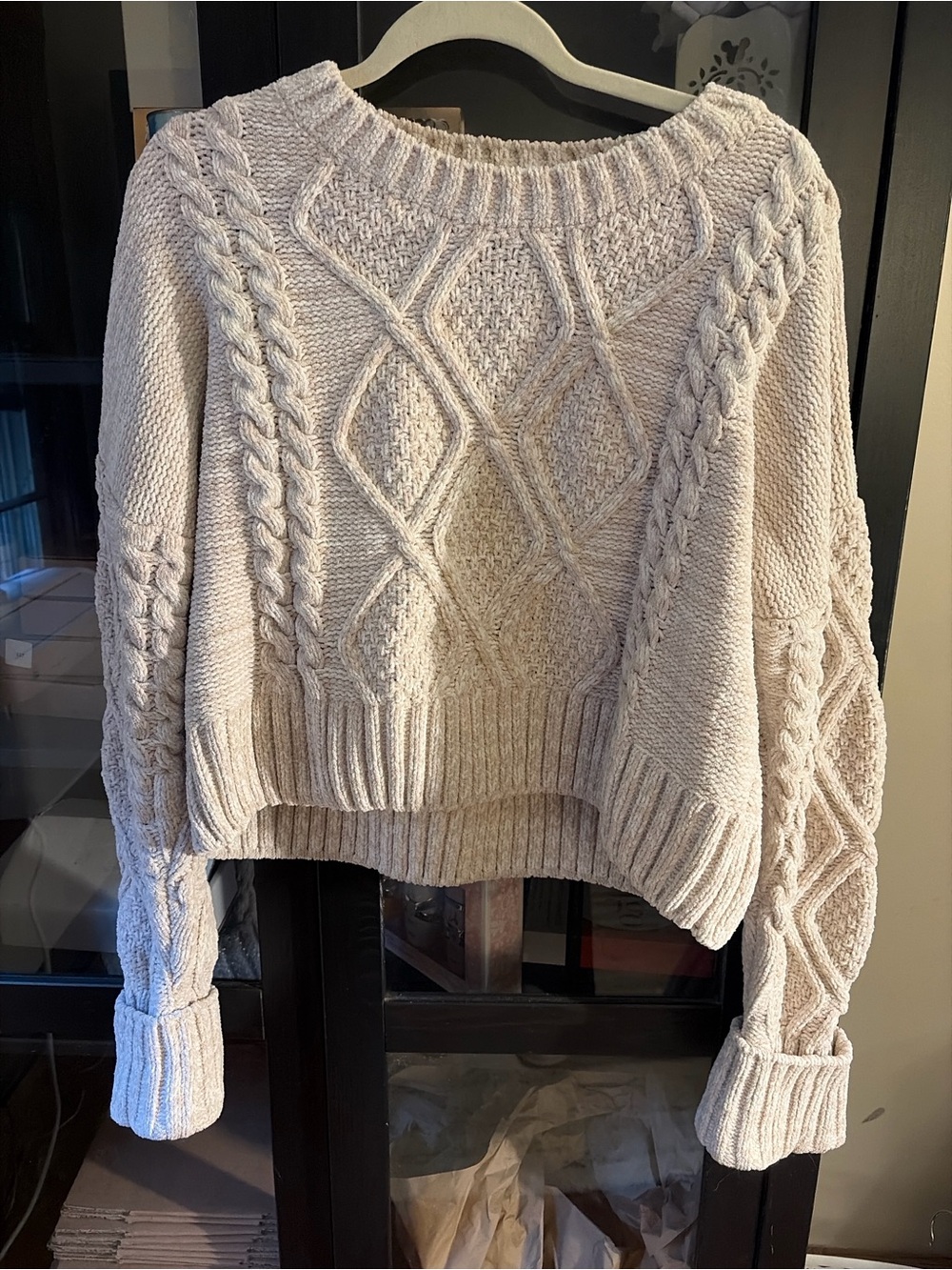 Altar'd State Cream Cable Knit Cropped Crew Sweater